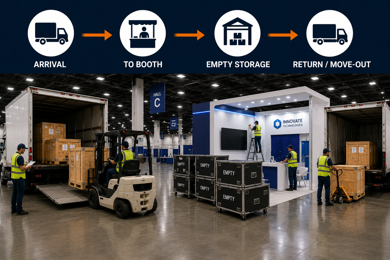 trade show drayage explained at US venues with material handling and marshaling yard